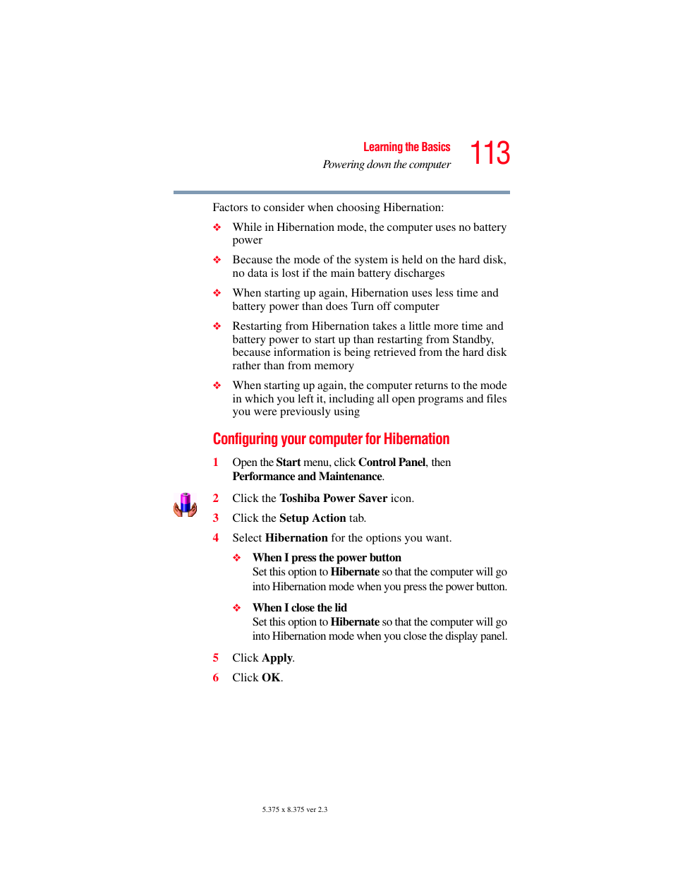 Configuring your computer for hibernation | Toshiba F15 User Manual | Page 113 / 328