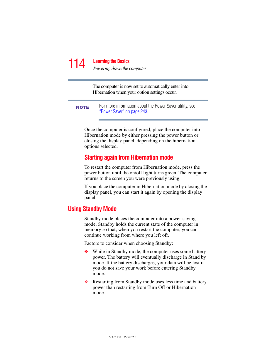 Using standby mode | Toshiba F15 User Manual | Page 114 / 328