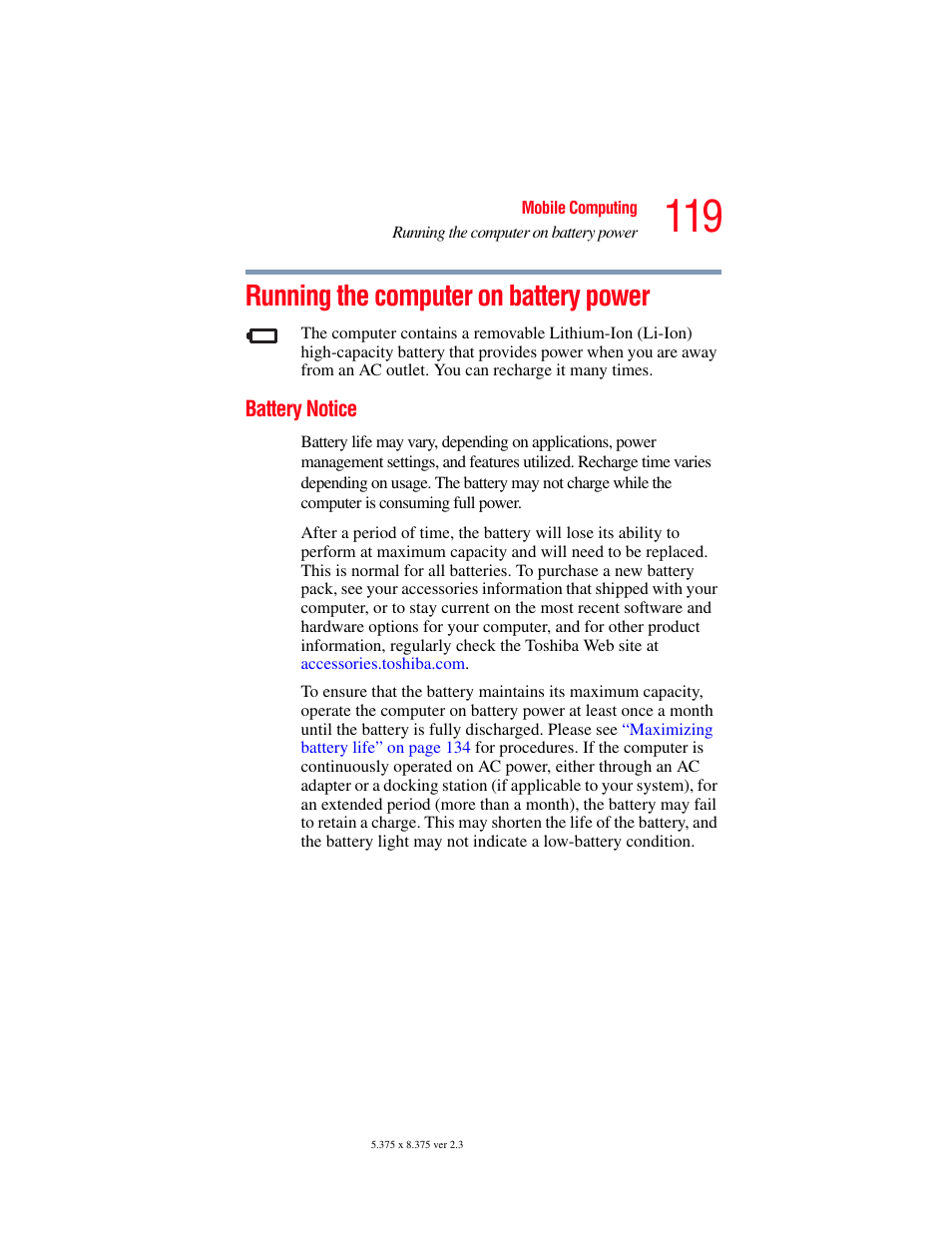 Running the computer on battery power, Battery notice, Running the computer on battery | Toshiba F15 User Manual | Page 119 / 328