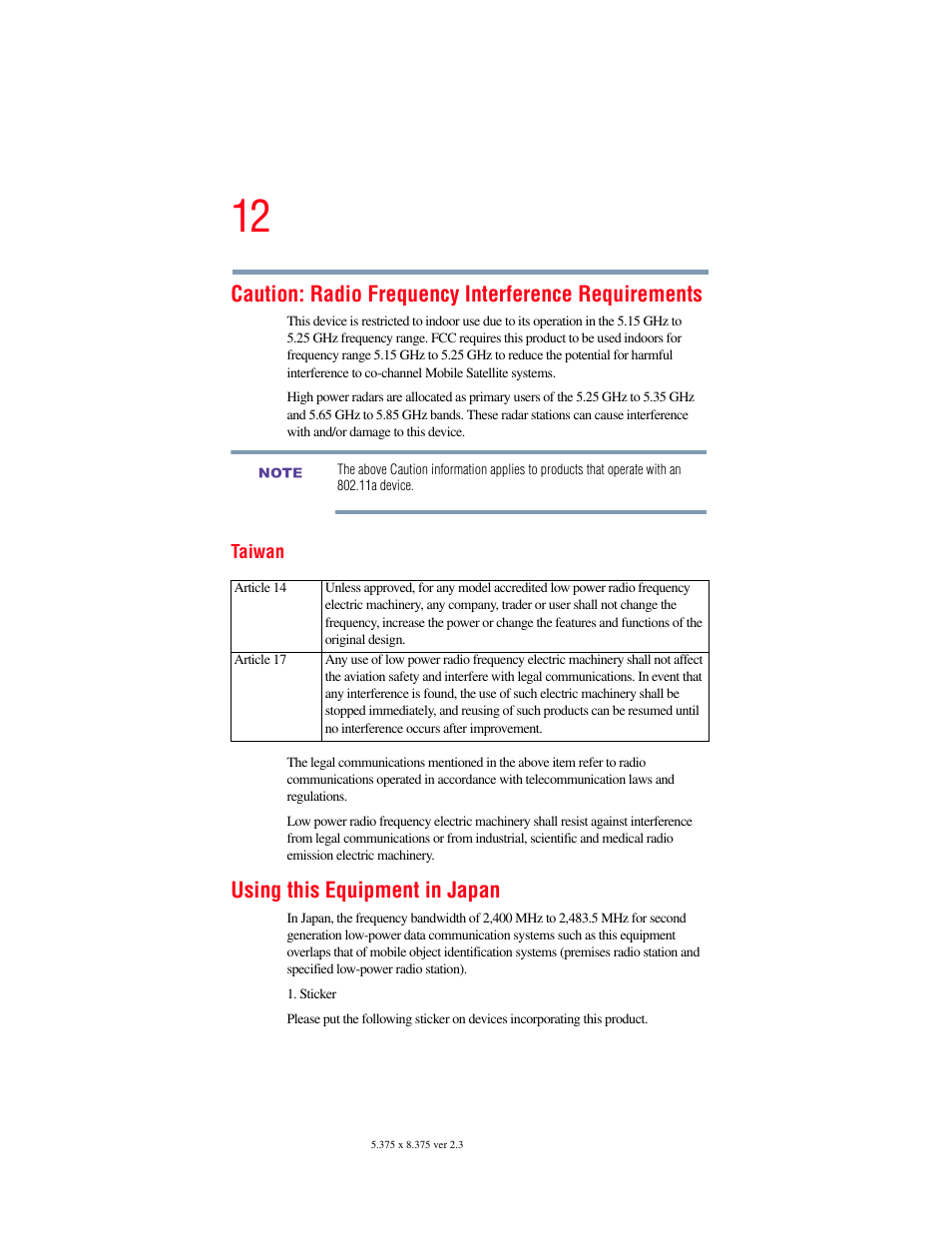 Caution: radio frequency interference requirements, Using this equipment in japan | Toshiba F15 User Manual | Page 12 / 328