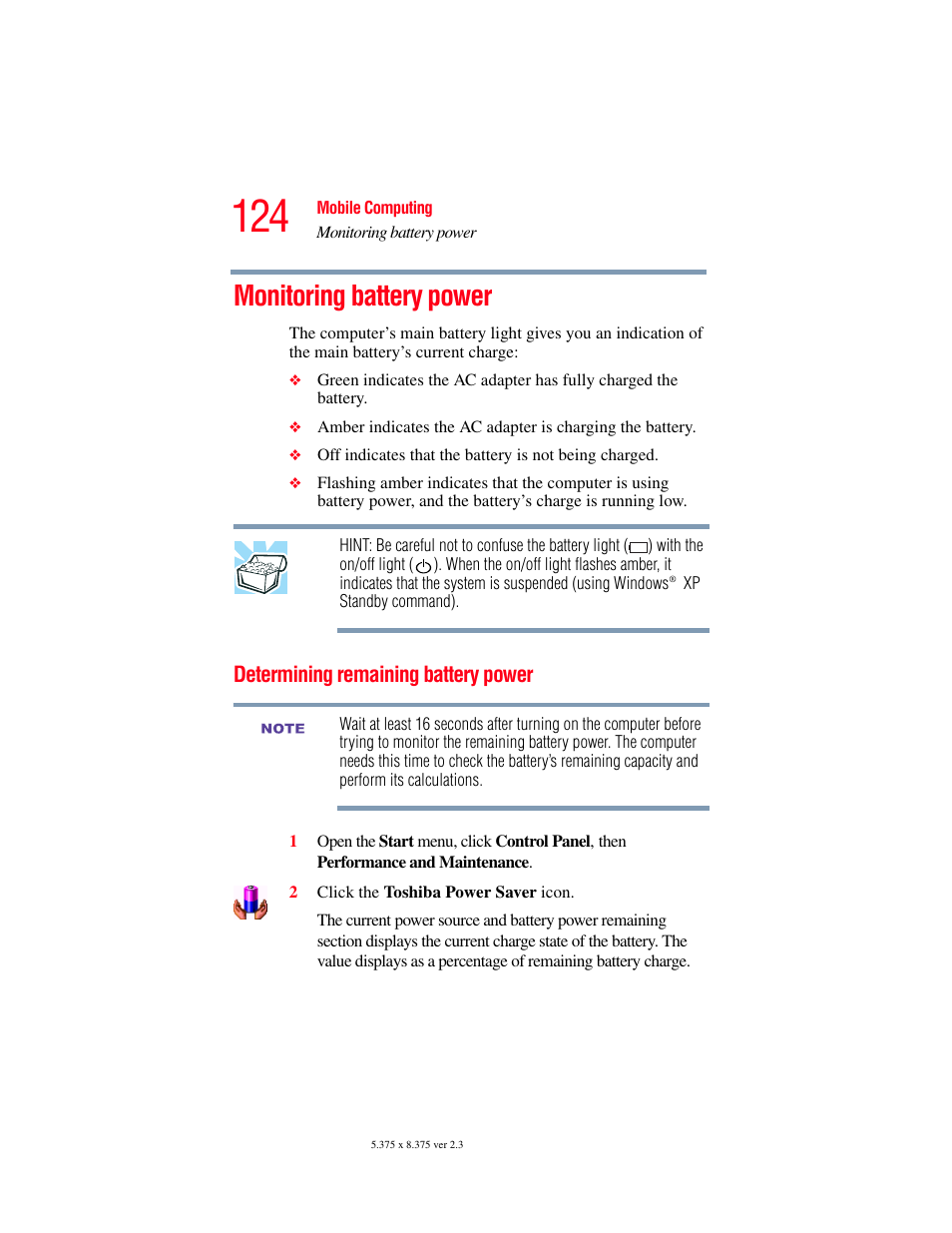 Monitoring battery power, Determining remaining battery power | Toshiba F15 User Manual | Page 124 / 328