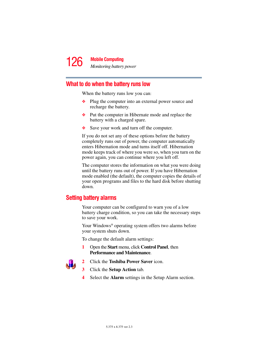 What to do when the battery runs low, Setting battery alarms | Toshiba F15 User Manual | Page 126 / 328