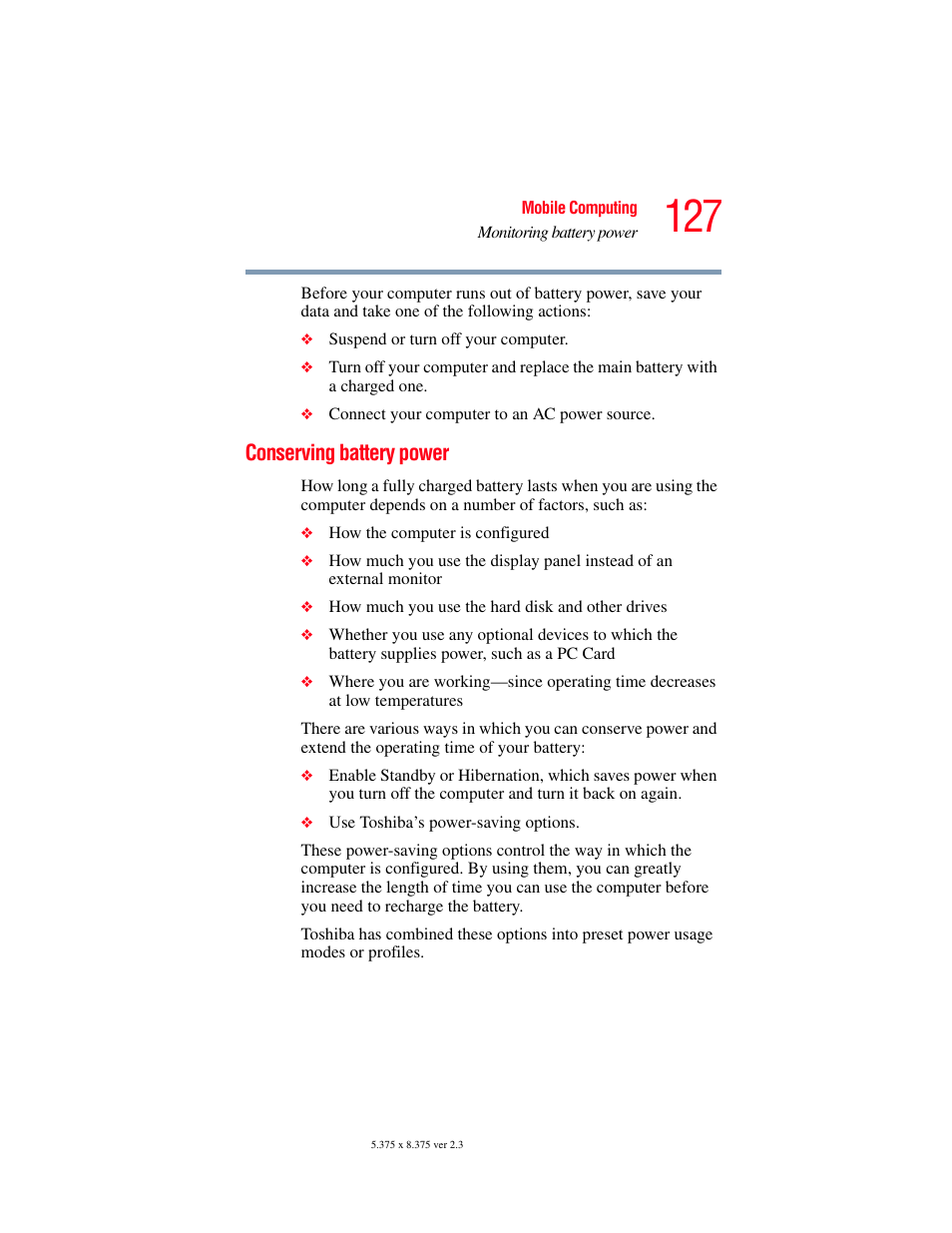 Conserving battery power | Toshiba F15 User Manual | Page 127 / 328