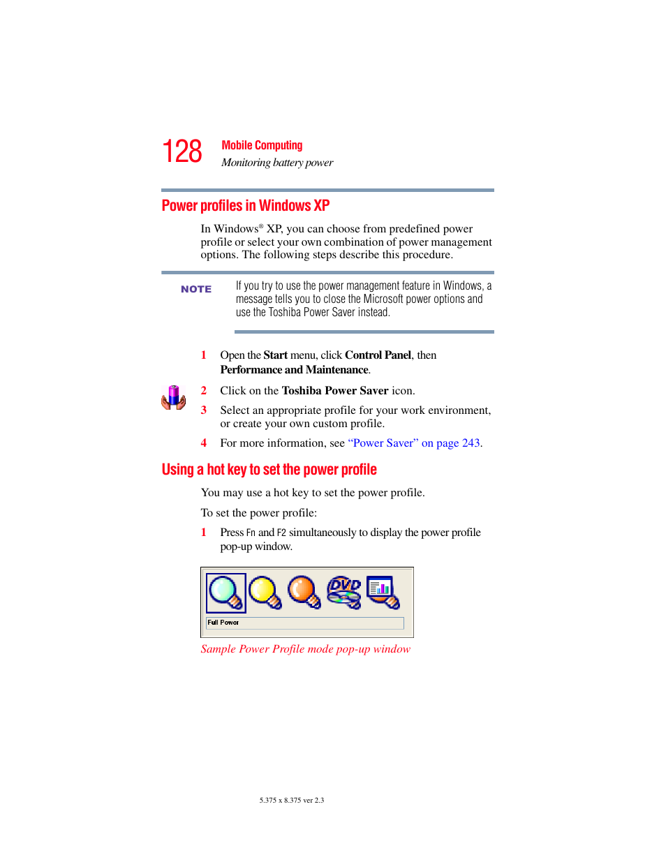 Power profiles in windows xp, Using a hot key to set the power profile | Toshiba F15 User Manual | Page 128 / 328