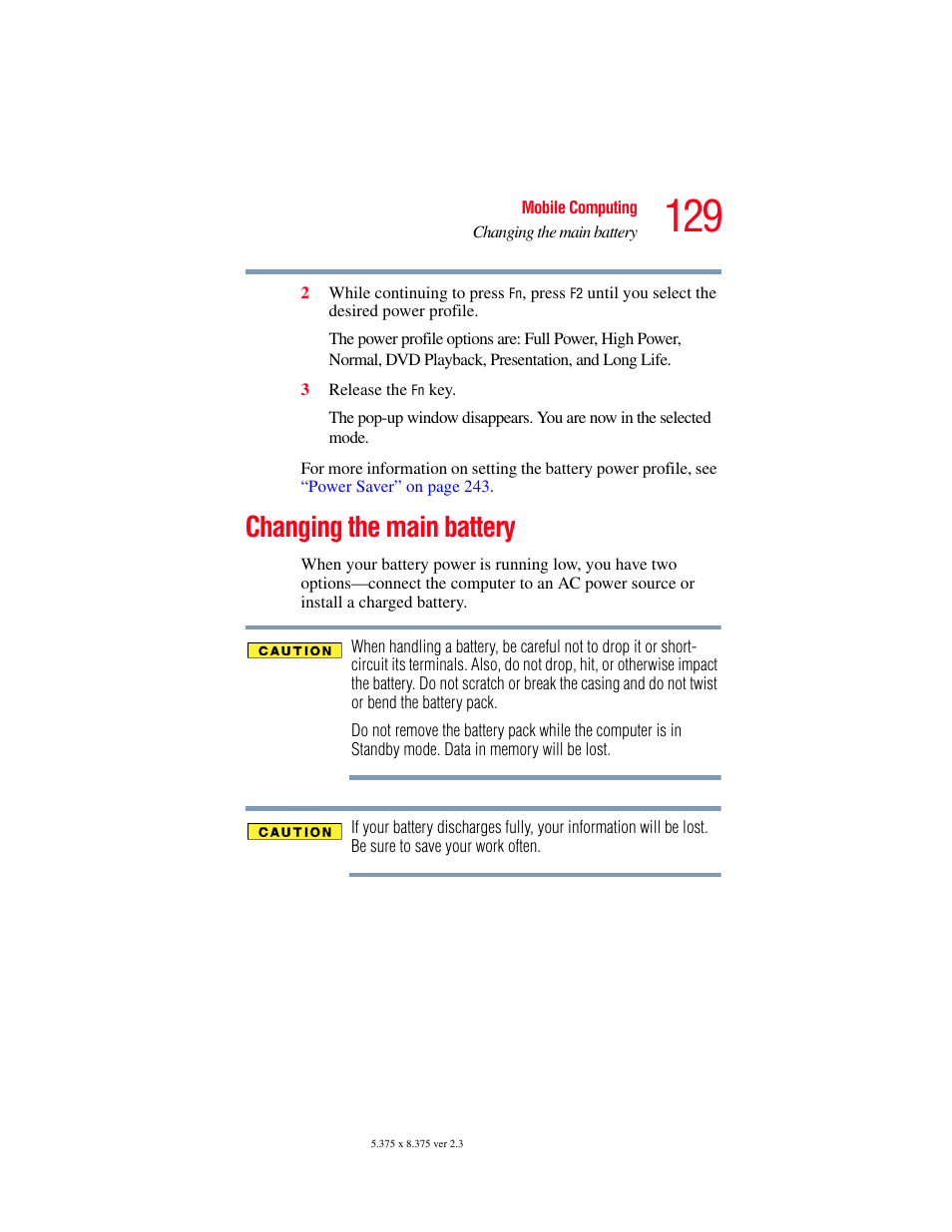 Changing the main battery | Toshiba F15 User Manual | Page 129 / 328