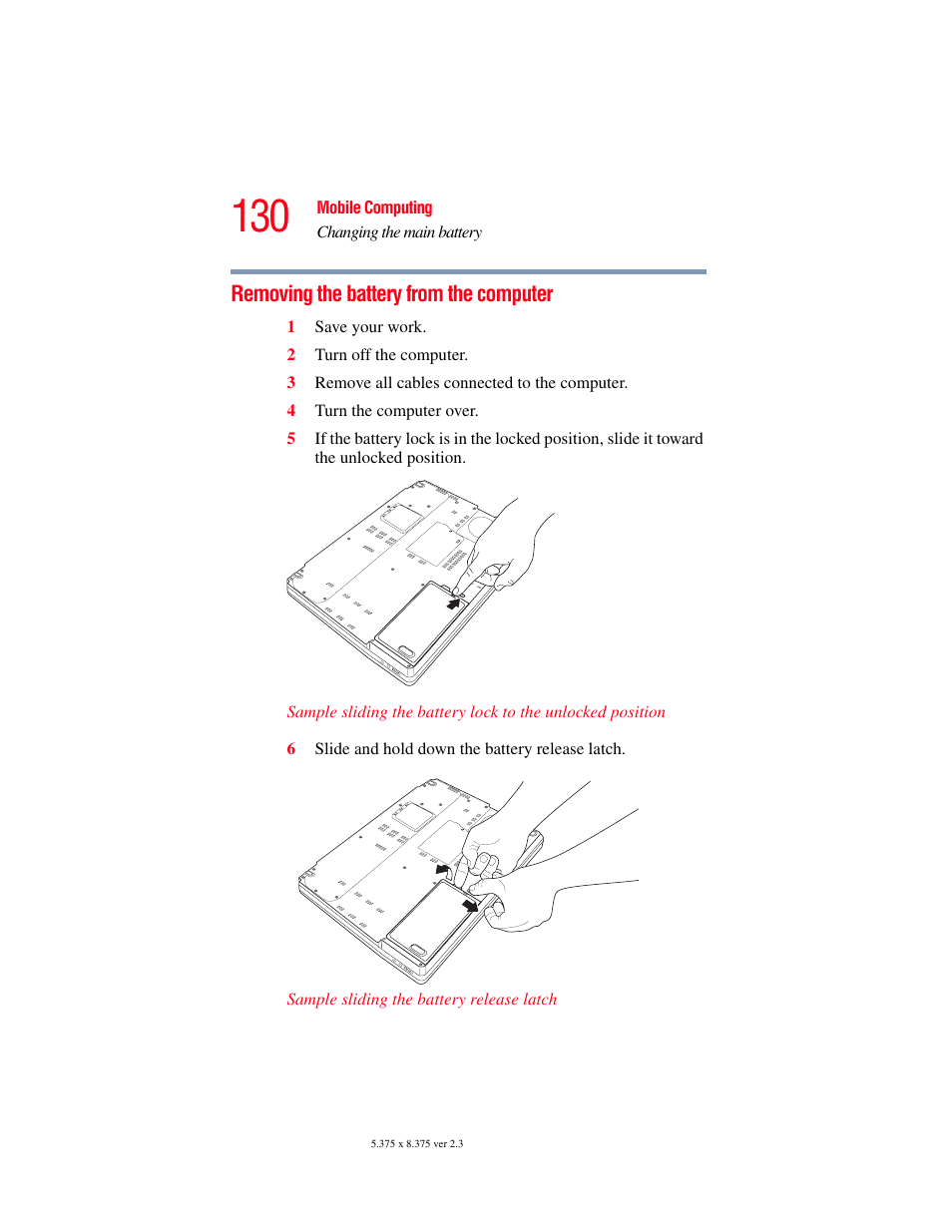 Removing the battery from the computer | Toshiba F15 User Manual | Page 130 / 328