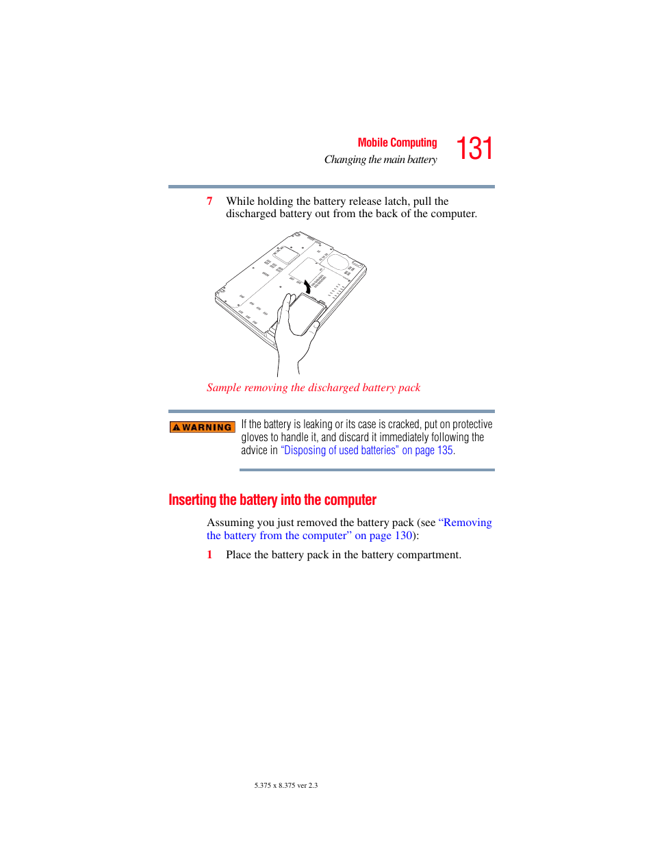 Inserting the battery into the computer | Toshiba F15 User Manual | Page 131 / 328