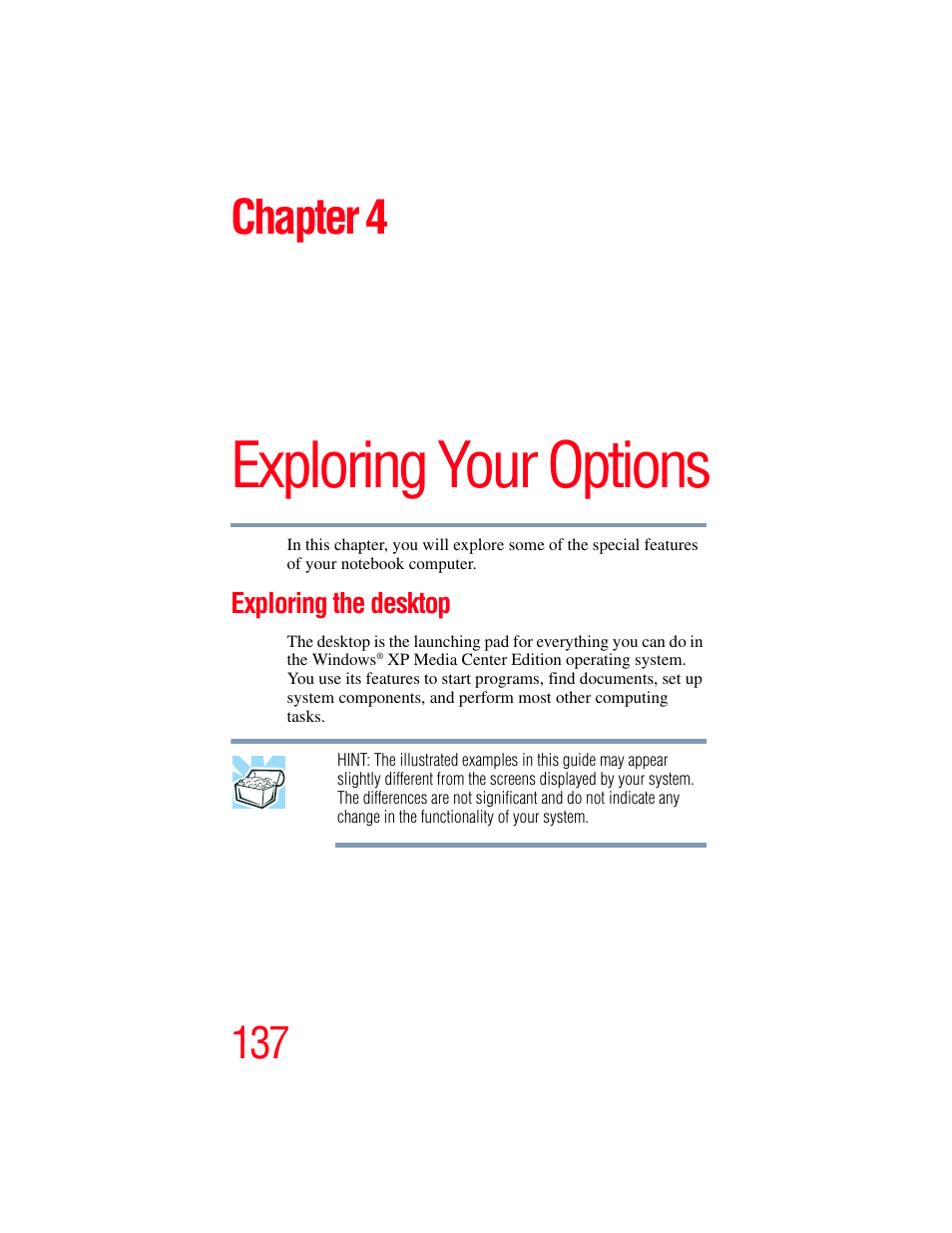 Chapter 4: exploring your options, Exploring the desktop, Exploring your options | Chapter 4 | Toshiba F15 User Manual | Page 137 / 328