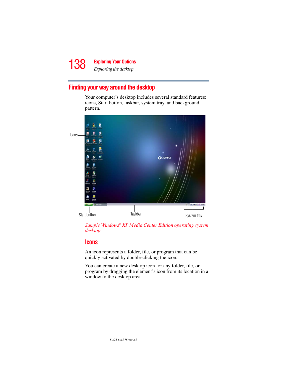 Finding your way around the desktop, Icons | Toshiba F15 User Manual | Page 138 / 328