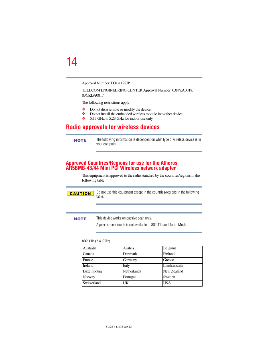 Radio approvals for wireless devices | Toshiba F15 User Manual | Page 14 / 328