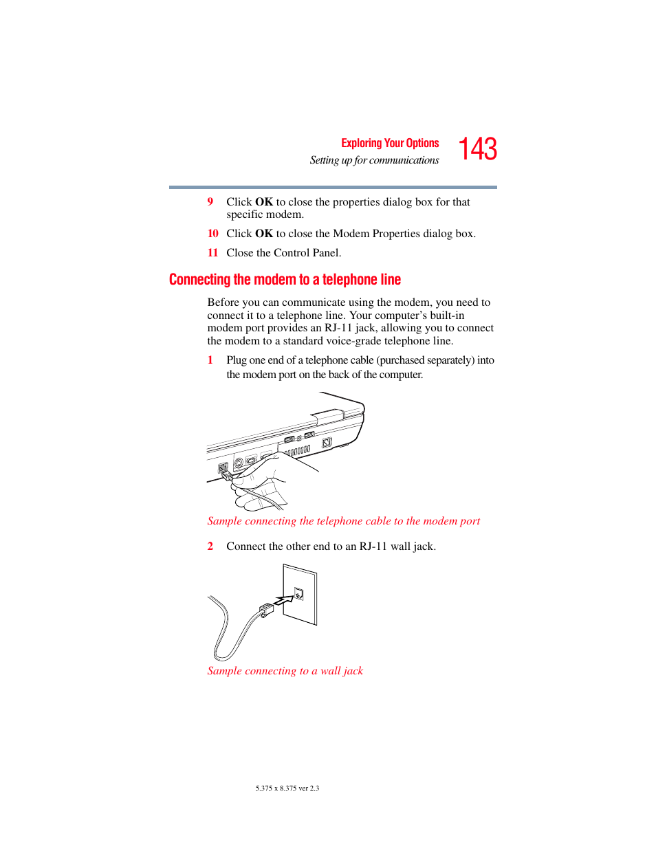 Connecting the modem to a telephone line | Toshiba F15 User Manual | Page 143 / 328