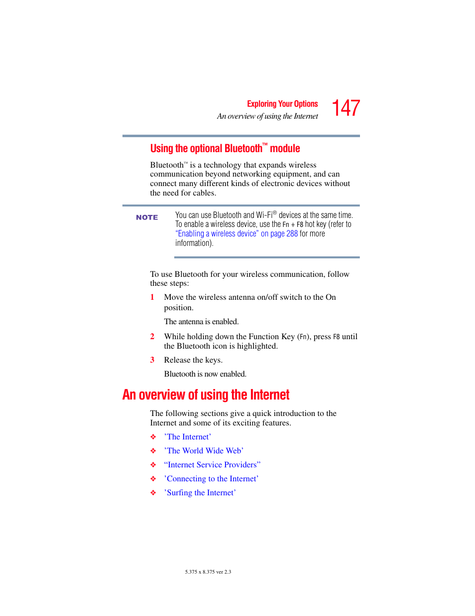 An overview of using the internet, Using the optional bluetooth, Module | Toshiba F15 User Manual | Page 147 / 328