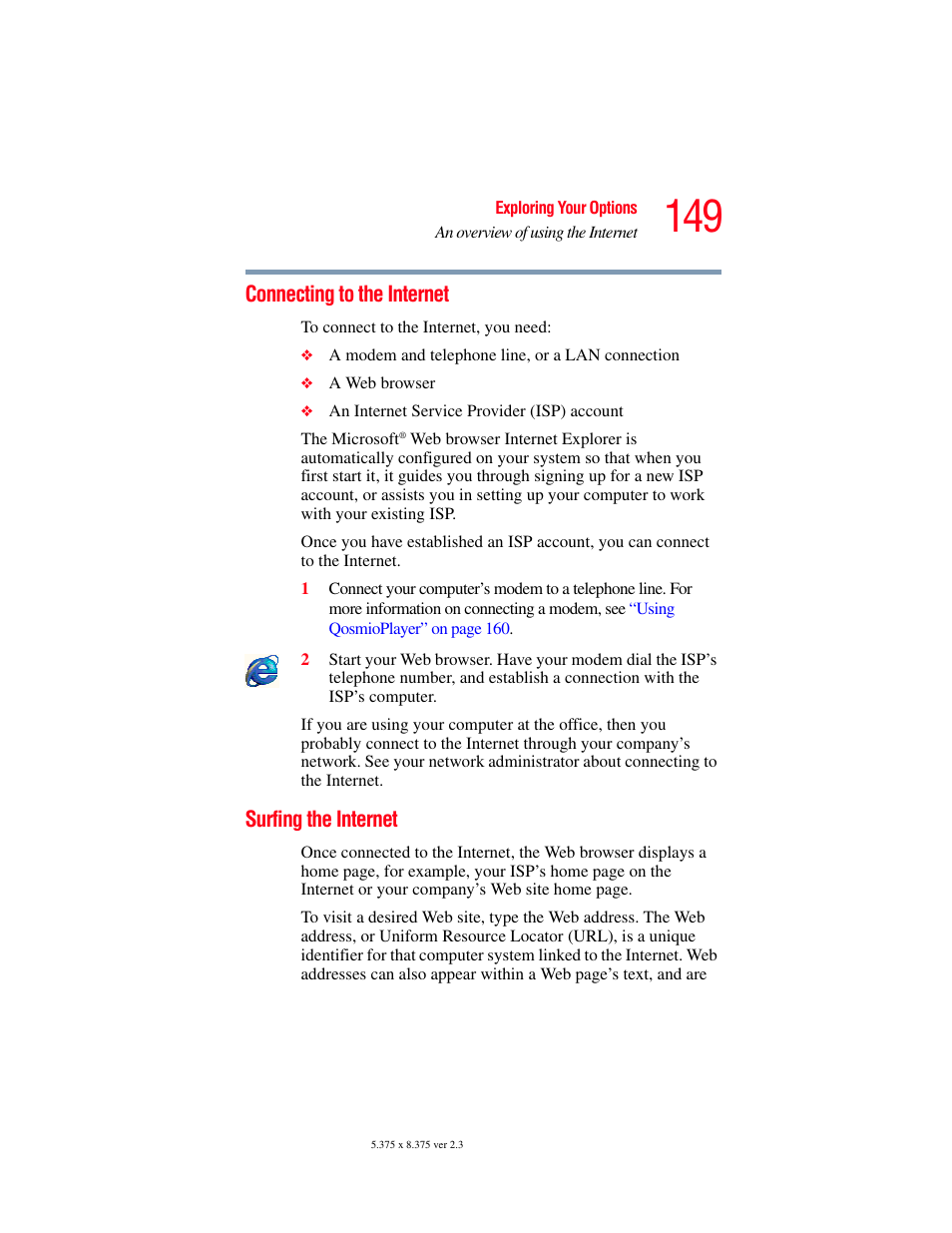 Connecting to the internet, Surfing the internet, Connecting to the internet surfing the internet | Toshiba F15 User Manual | Page 149 / 328