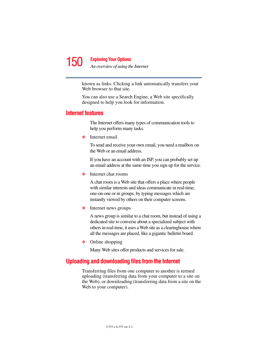 Internet features, Uploading and downloading files from the internet, The internet | Toshiba F15 User Manual | Page 150 / 328