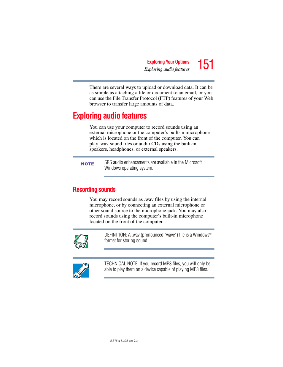 Exploring audio features, Recording sounds | Toshiba F15 User Manual | Page 151 / 328