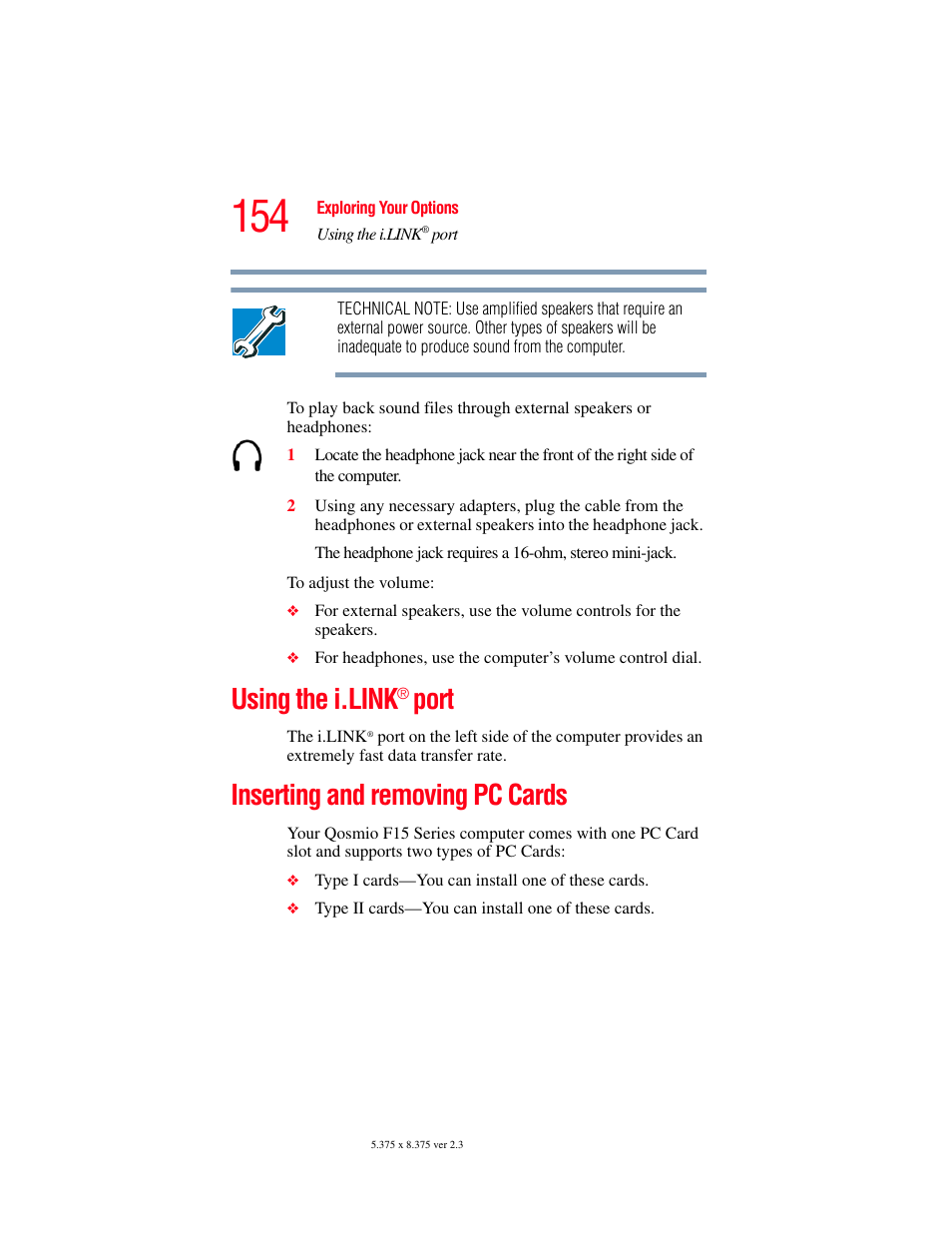 Using the i.link® port, Inserting and removing pc cards, Using the i.link | Port | Toshiba F15 User Manual | Page 154 / 328