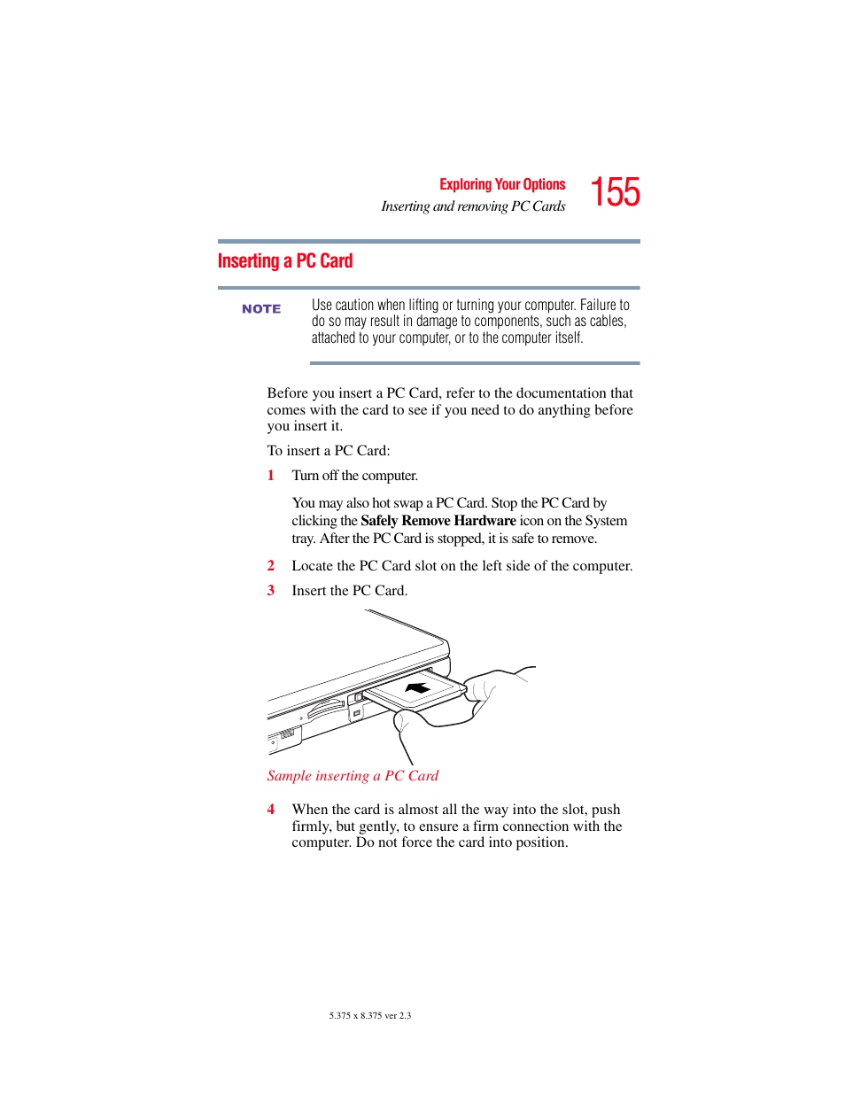 Inserting a pc card | Toshiba F15 User Manual | Page 155 / 328