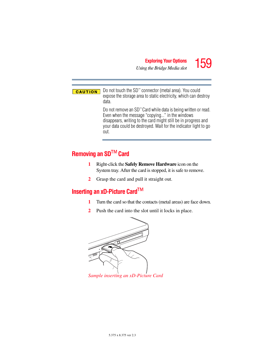 Removing an sd™ card, Inserting an xd-picture card, Removing an sd™ card inserting an xd-picture card | Toshiba F15 User Manual | Page 159 / 328