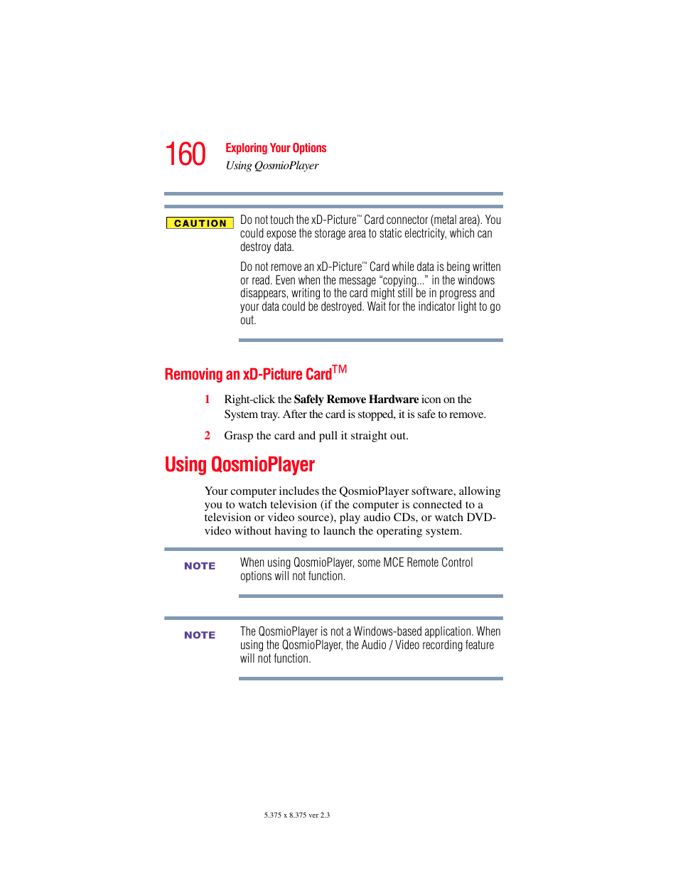 Removing an xd-picture card, Using qosmioplayer | Toshiba F15 User Manual | Page 160 / 328