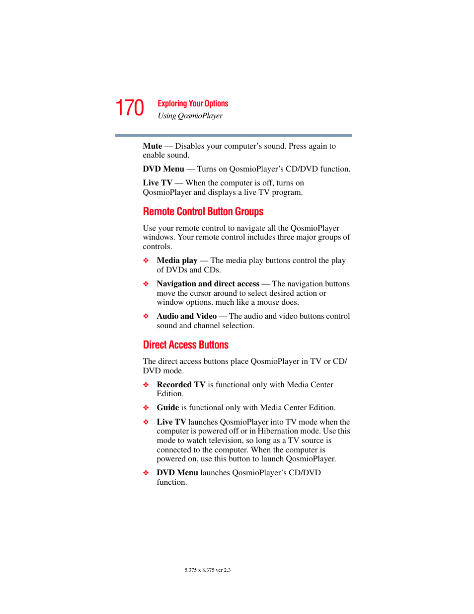 Remote control button groups, Direct access buttons | Toshiba F15 User Manual | Page 170 / 328