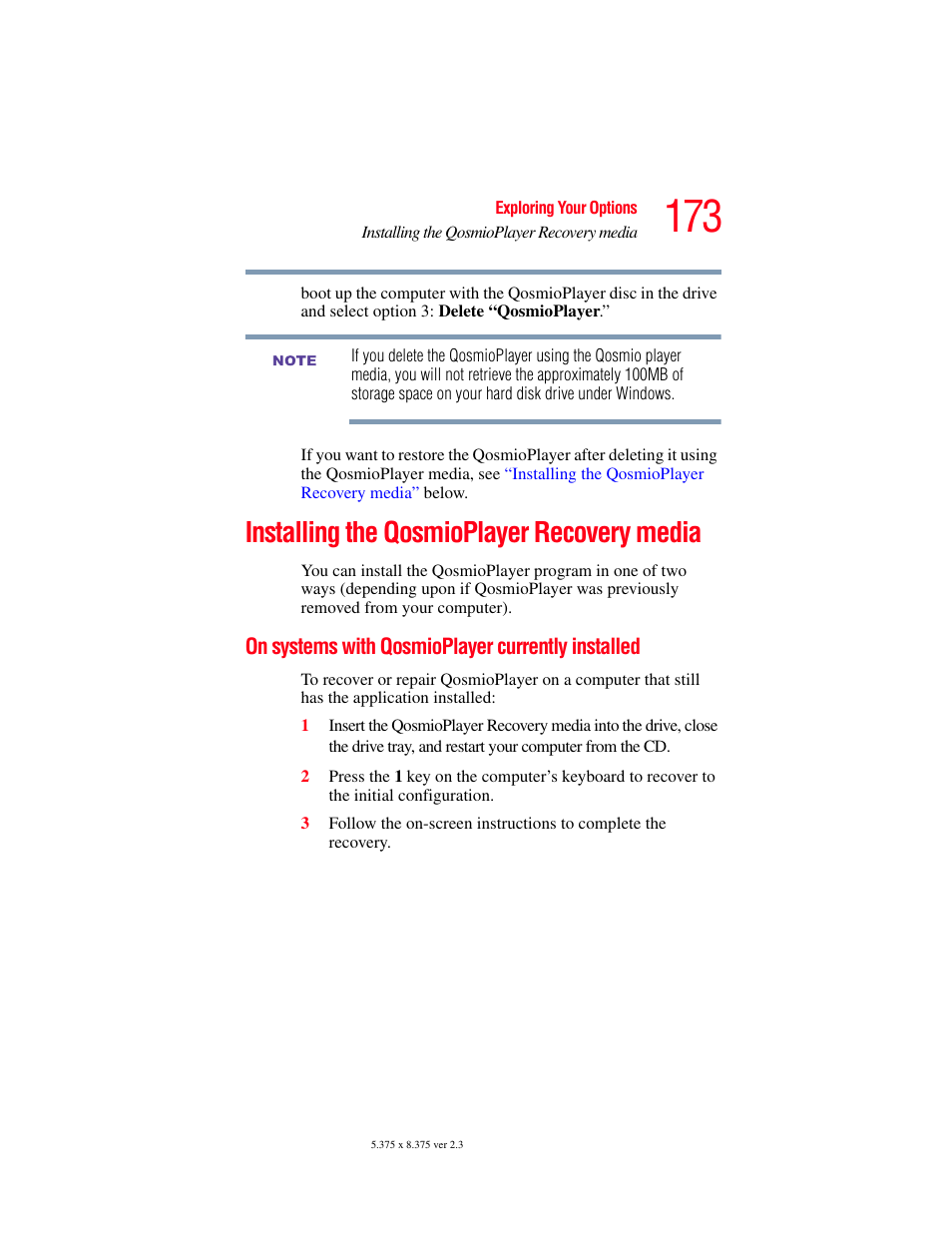 Installing the qosmioplayer recovery media, On systems with qosmioplayer currently installed, On systems with qosmioplayer currently | Installed | Toshiba F15 User Manual | Page 173 / 328