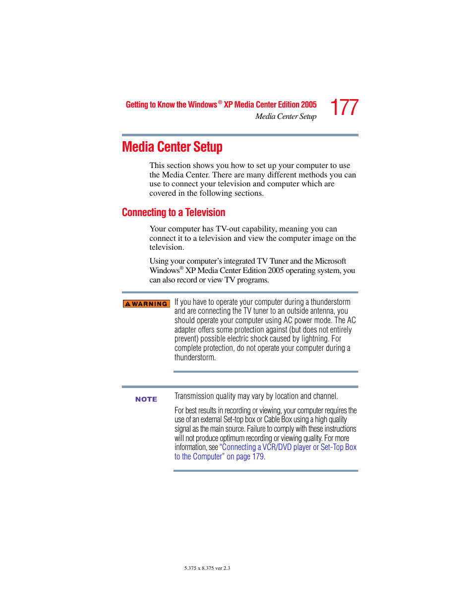 Media center setup, Connecting to a television | Toshiba F15 User Manual | Page 177 / 328