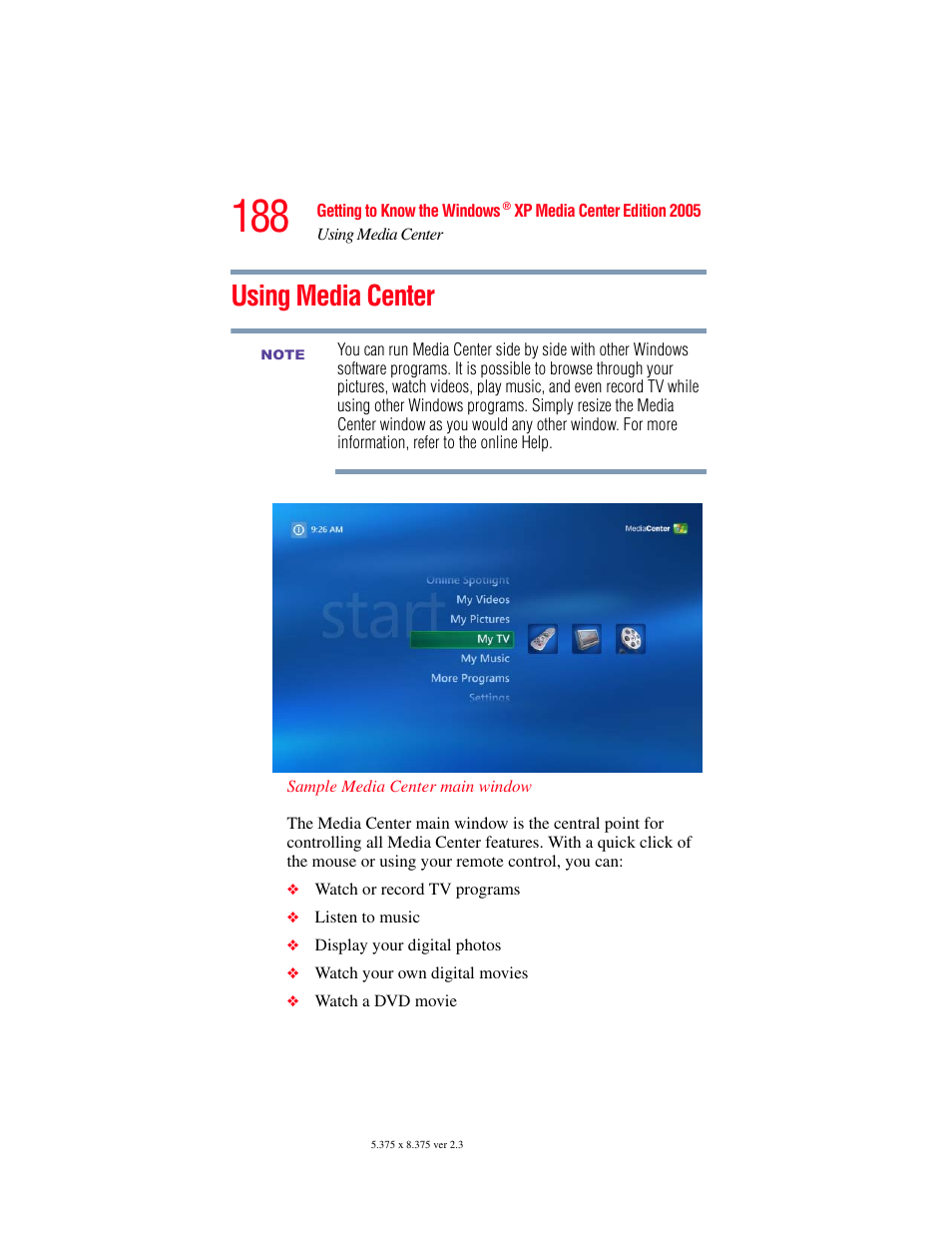 Using media center | Toshiba F15 User Manual | Page 188 / 328