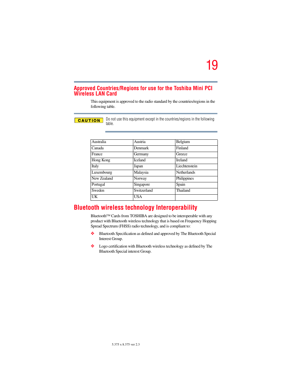 Bluetooth wireless technology interoperability | Toshiba F15 User Manual | Page 19 / 328