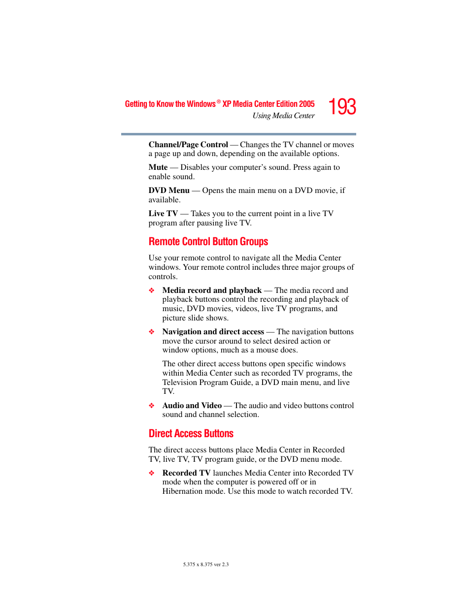 Remote control button groups, Direct access buttons | Toshiba F15 User Manual | Page 193 / 328