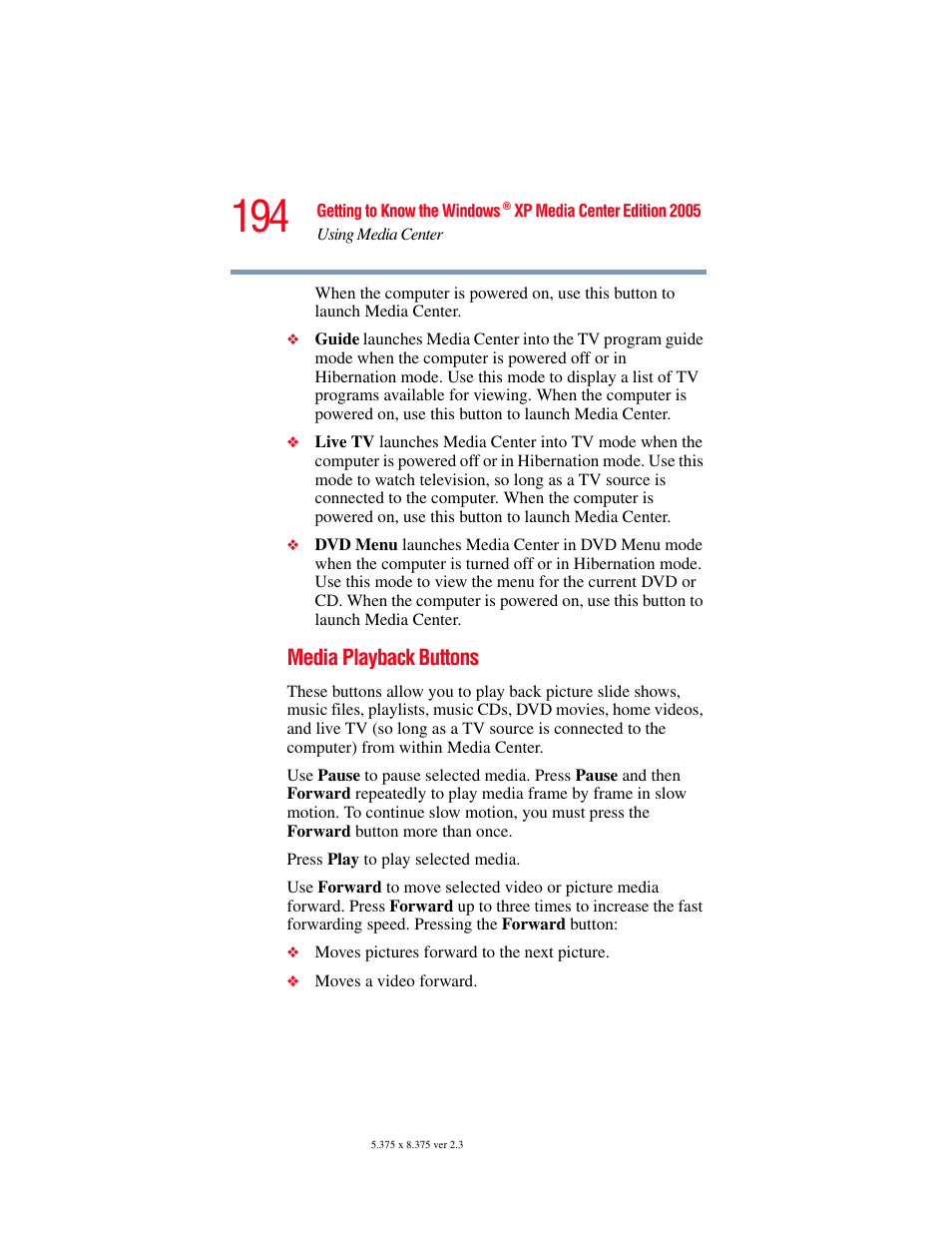 Media playback buttons | Toshiba F15 User Manual | Page 194 / 328