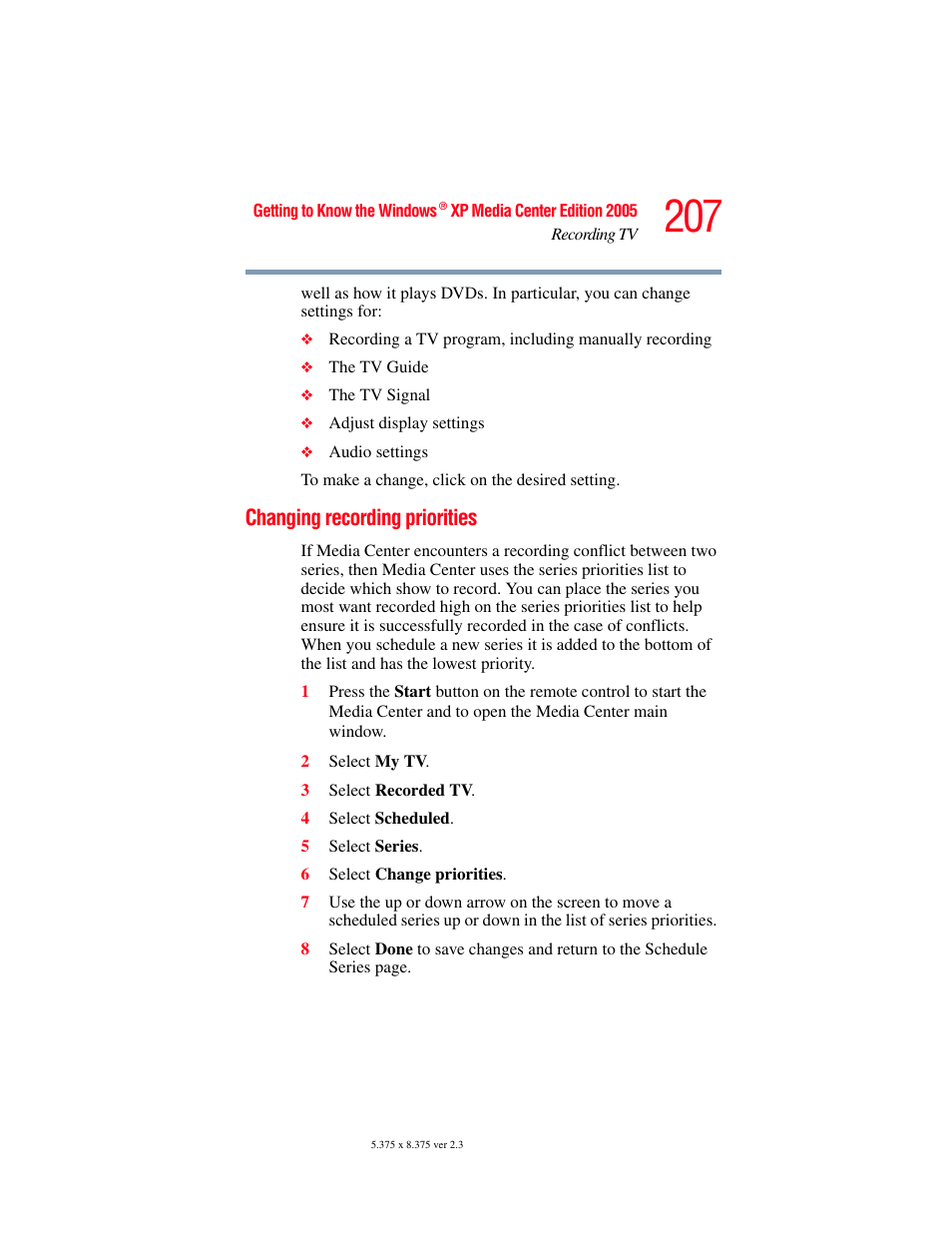 Changing recording priorities | Toshiba F15 User Manual | Page 207 / 328