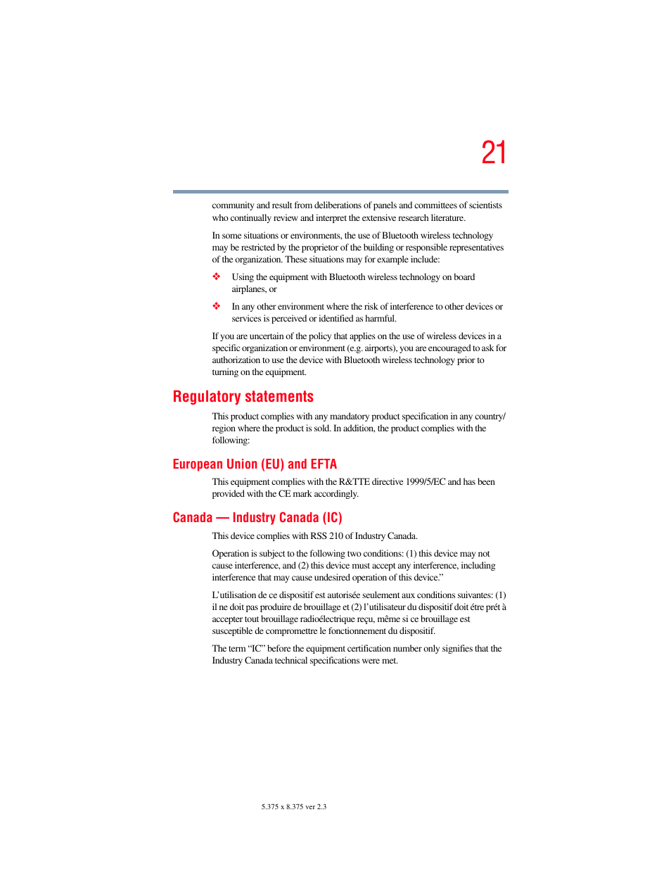 Regulatory statements | Toshiba F15 User Manual | Page 21 / 328