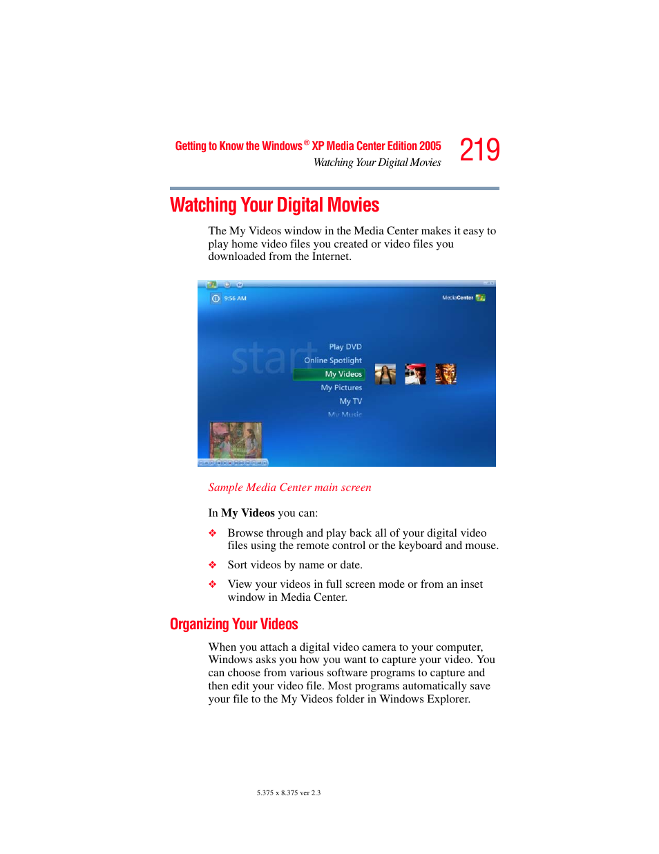 Watching your digital movies, Organizing your videos | Toshiba F15 User Manual | Page 219 / 328