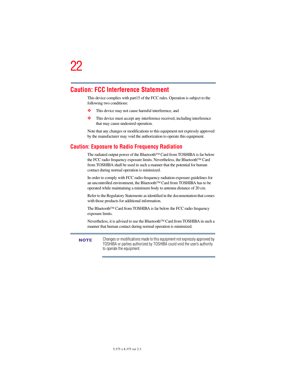 Caution: fcc interference statement | Toshiba F15 User Manual | Page 22 / 328