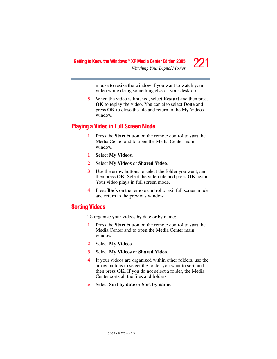 Playing a video in full screen mode, Sorting videos, Playing a video in full screen mode sorting videos | Toshiba F15 User Manual | Page 221 / 328