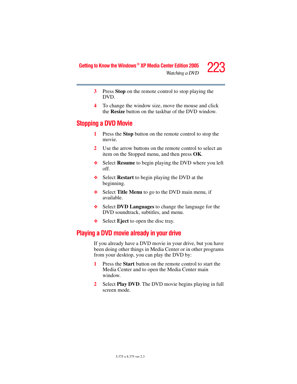 Stopping a dvd movie, Playing a dvd movie already in your drive | Toshiba F15 User Manual | Page 223 / 328