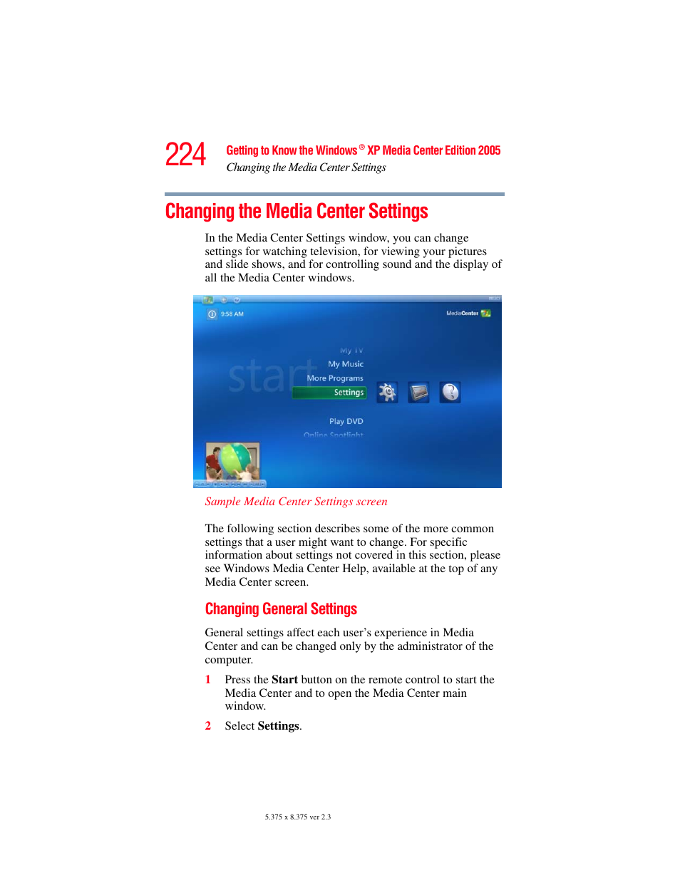 Changing the media center settings | Toshiba F15 User Manual | Page 224 / 328