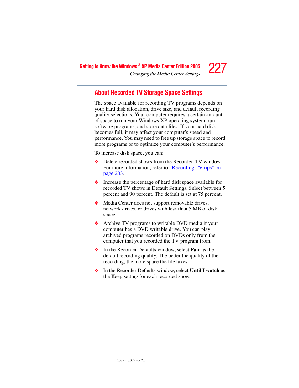 About recorded tv storage space settings | Toshiba F15 User Manual | Page 227 / 328