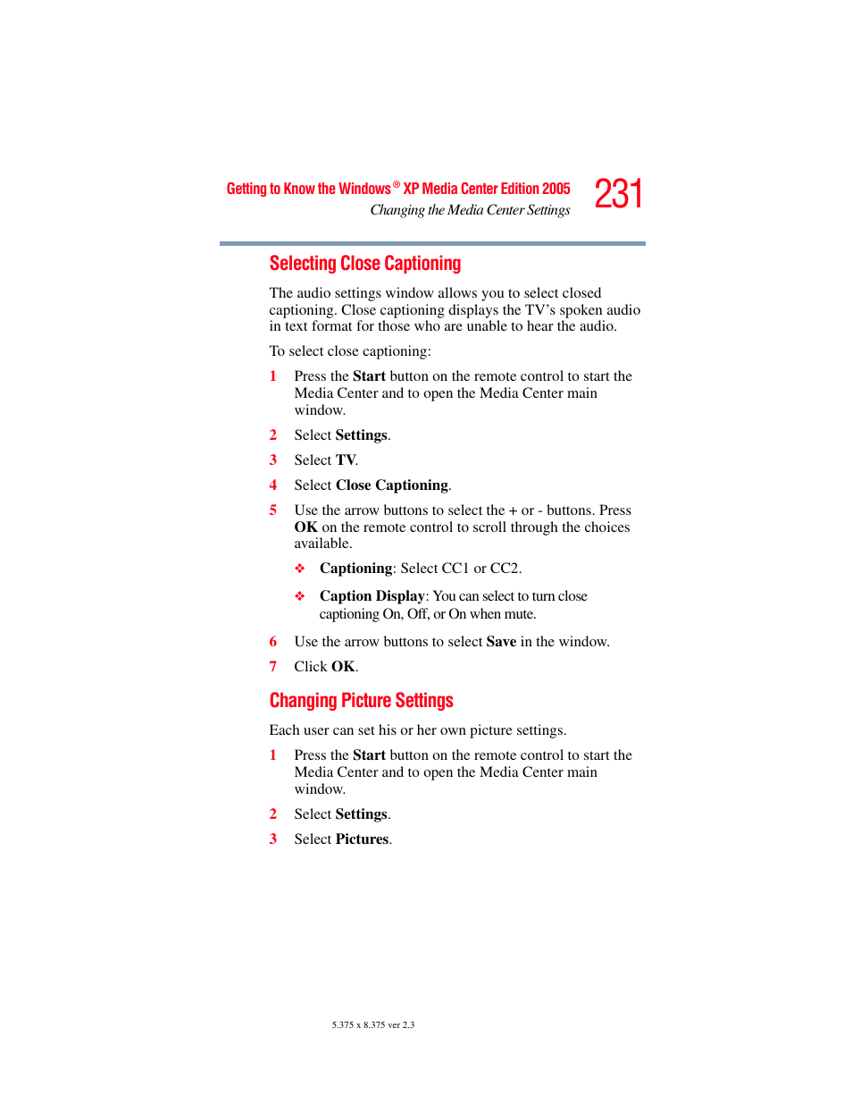 Selecting close captioning, Changing picture settings | Toshiba F15 User Manual | Page 231 / 328