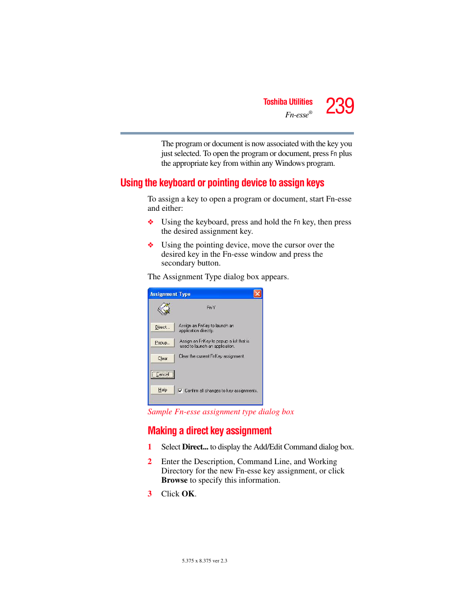 Using the keyboard or pointing device to, Assign keys, Making a direct key assignment | Toshiba F15 User Manual | Page 239 / 328