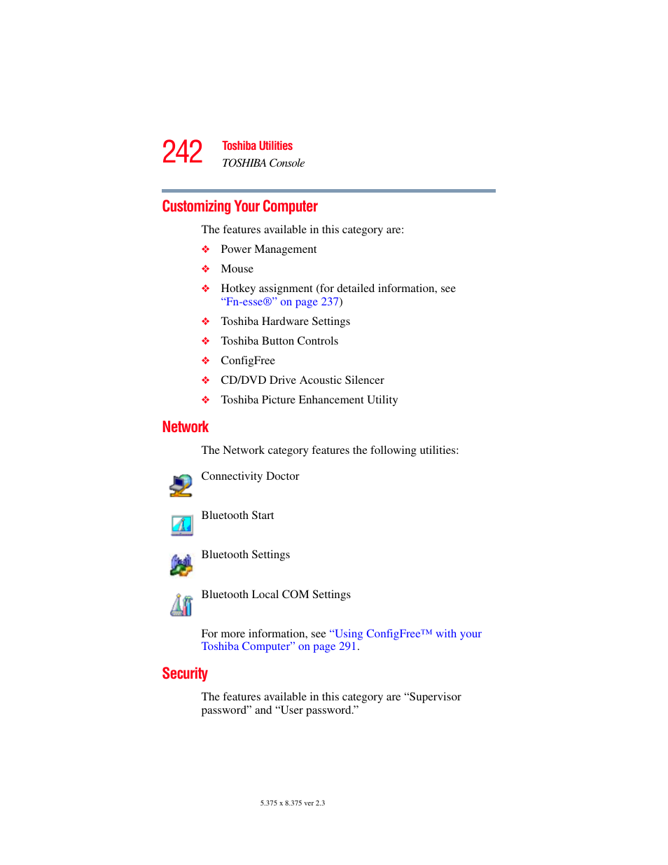 Customizing your computer, Network, Security | Customizing your computer network security | Toshiba F15 User Manual | Page 242 / 328