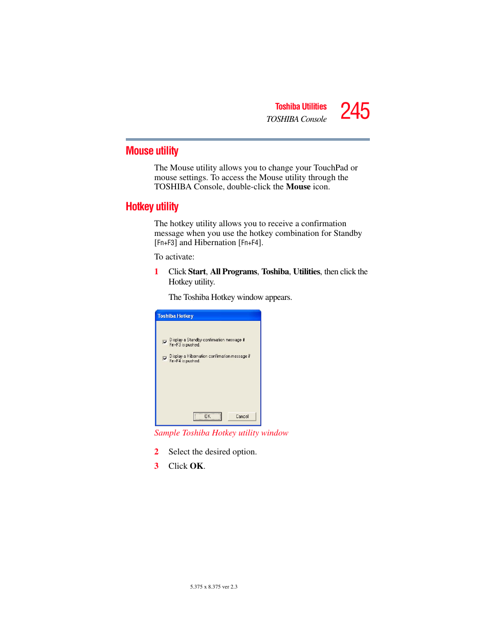 Mouse utility, Hotkey utility, Mouse utility hotkey utility | Toshiba F15 User Manual | Page 245 / 328