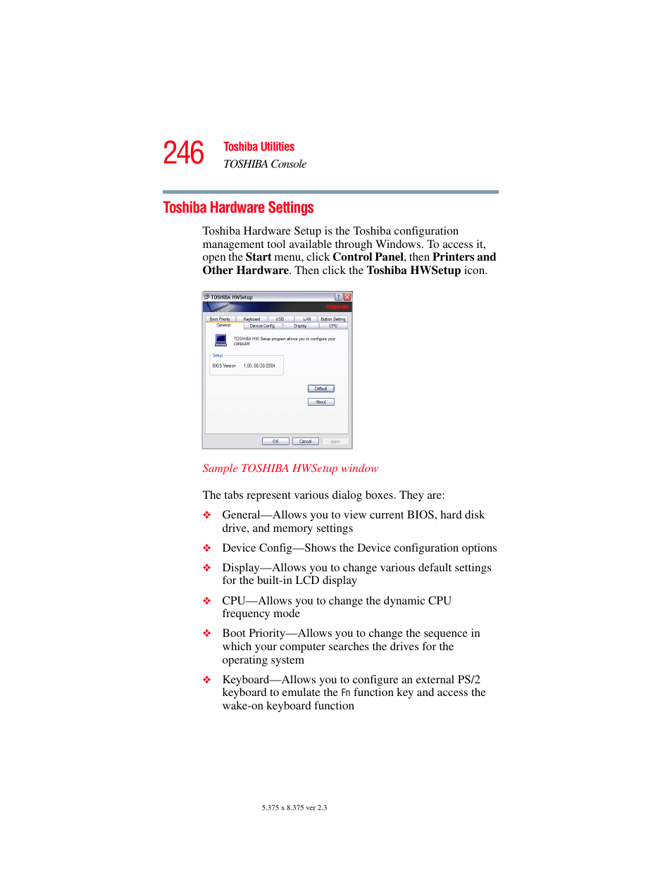 Toshiba hardware settings | Toshiba F15 User Manual | Page 246 / 328