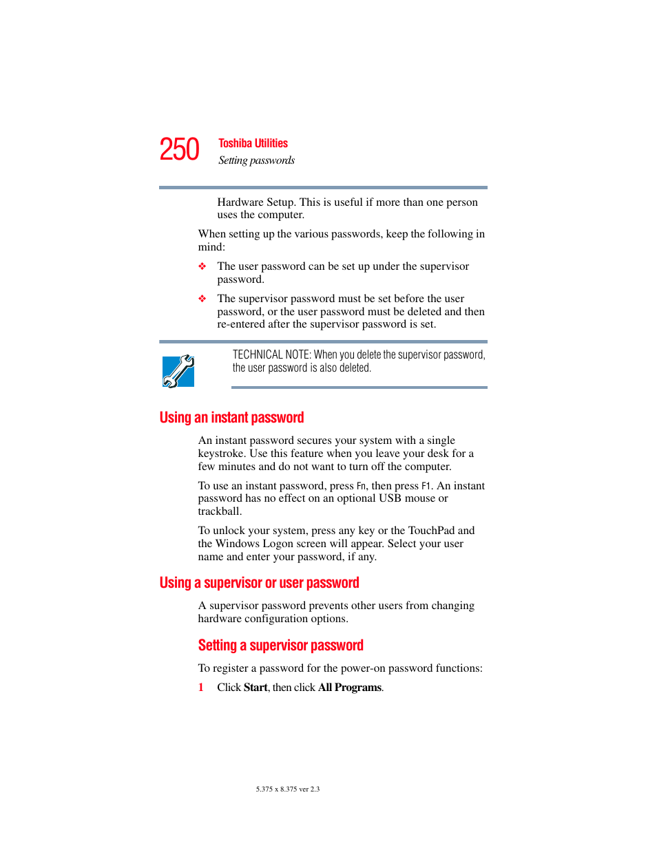 Using an instant password, Using a supervisor or user password | Toshiba F15 User Manual | Page 250 / 328