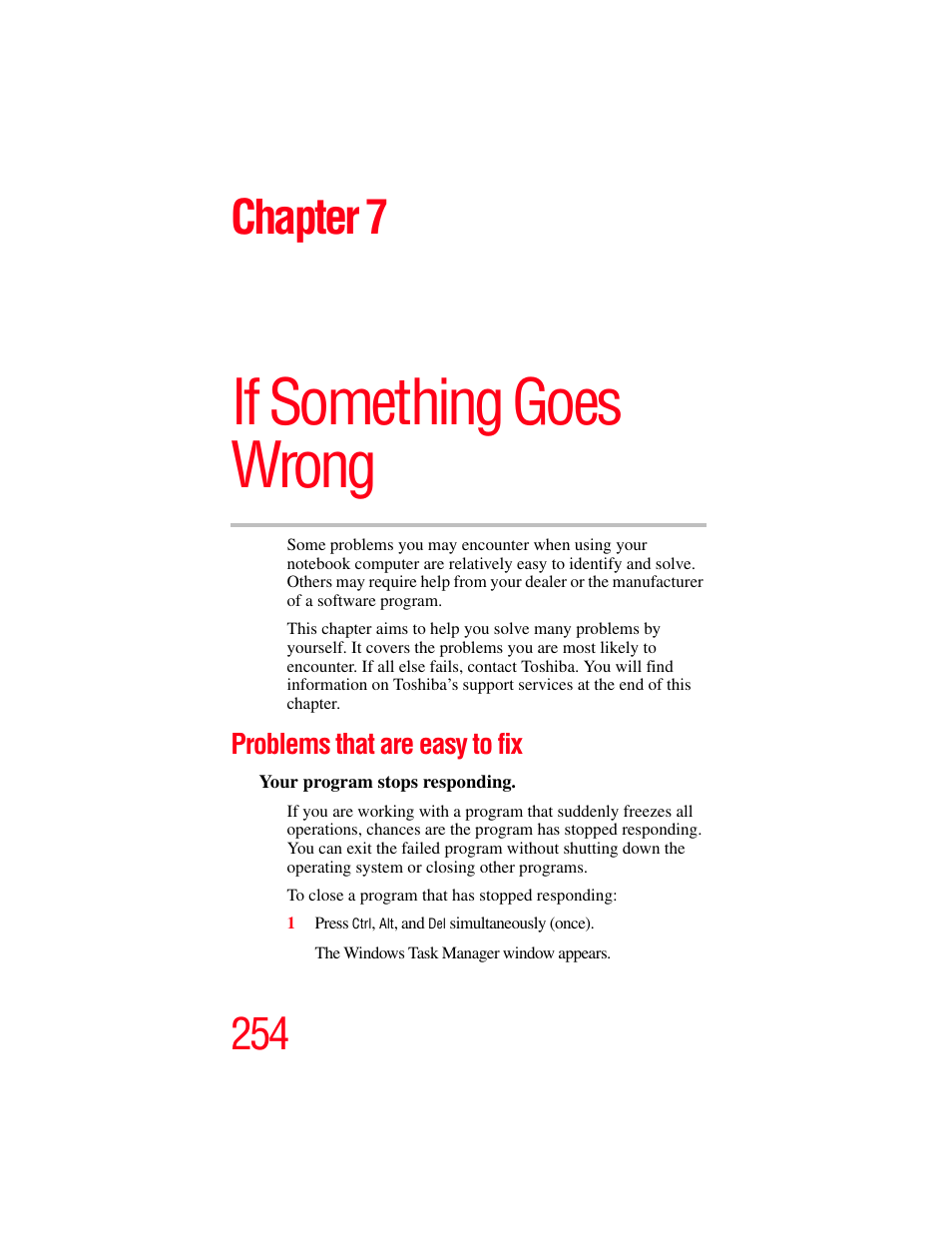 Chapter 7: if something goes wrong, Problems that are easy to fix, If something goes wrong” on | If something goes wrong, Chapter 7 | Toshiba F15 User Manual | Page 254 / 328