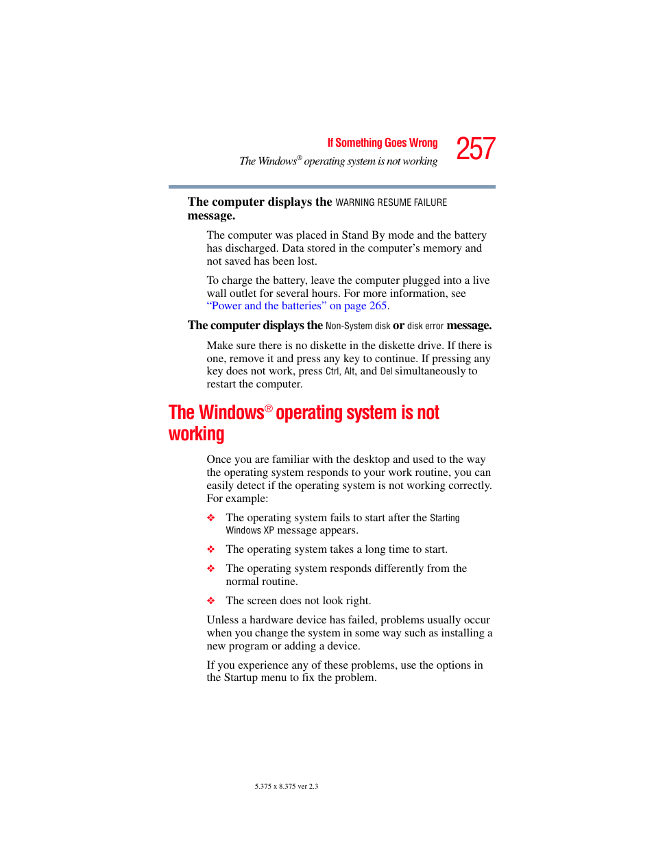 The windows ® operating system is not working, The windows, Operating system is not working | Toshiba F15 User Manual | Page 257 / 328