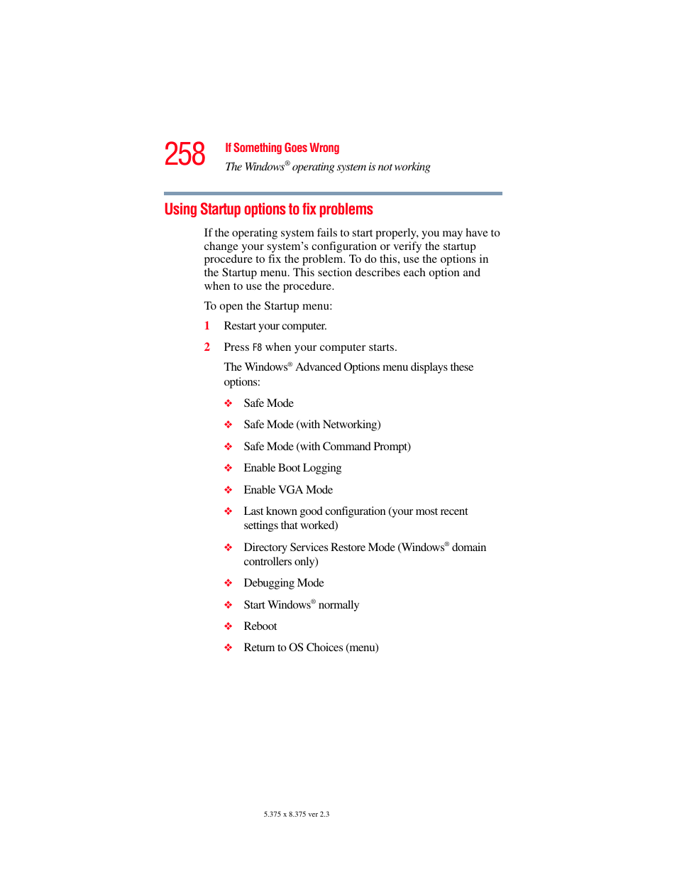 Using startup options to fix problems | Toshiba F15 User Manual | Page 258 / 328