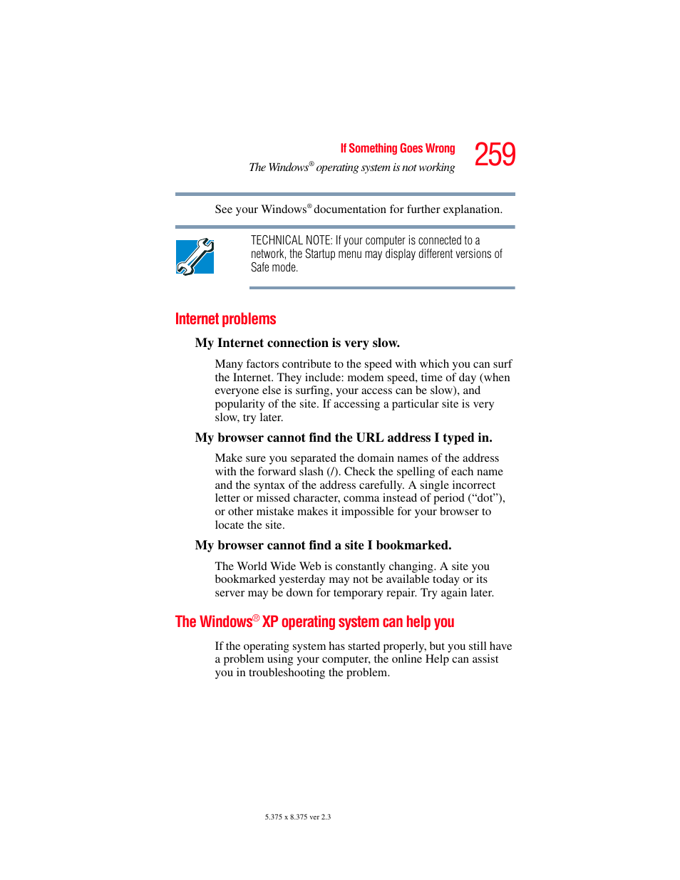 Internet problems, The windows® xp operating system can help you, Internet problems the windows | The windows, Xp operating system can help you | Toshiba F15 User Manual | Page 259 / 328
