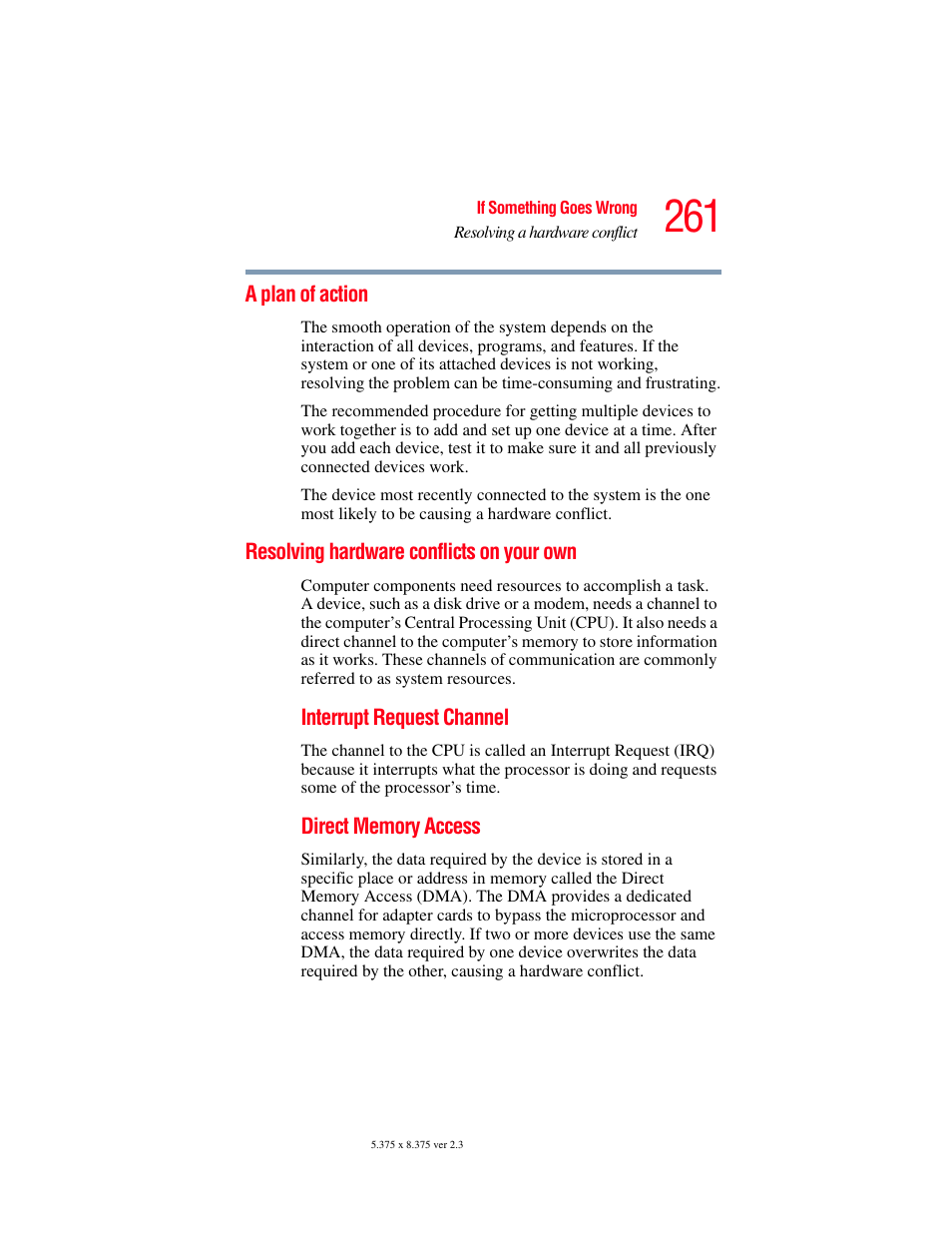 A plan of action, Resolving hardware conflicts on your own | Toshiba F15 User Manual | Page 261 / 328