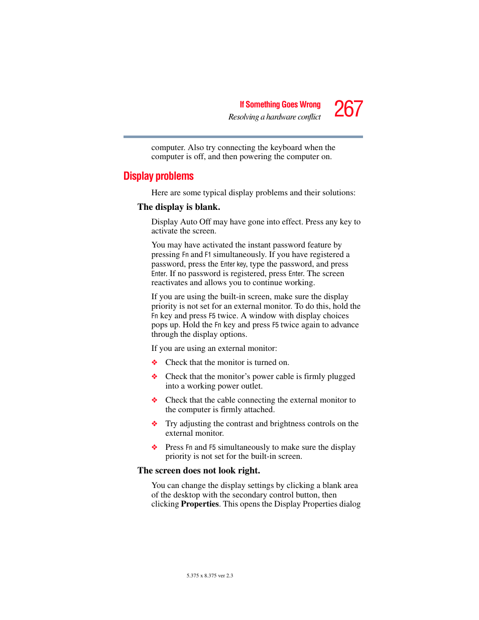 Display problems | Toshiba F15 User Manual | Page 267 / 328